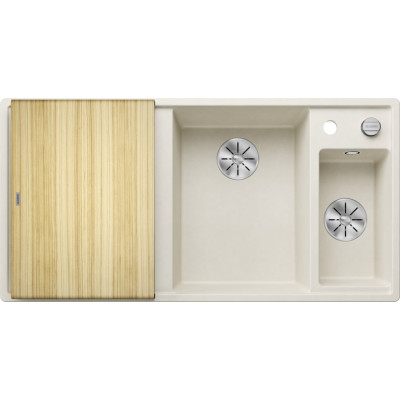 Кам'яна кухонна мийка Blanco AXIA III 6S Ніжно білий праворуч обробний столик з ясена (527046)